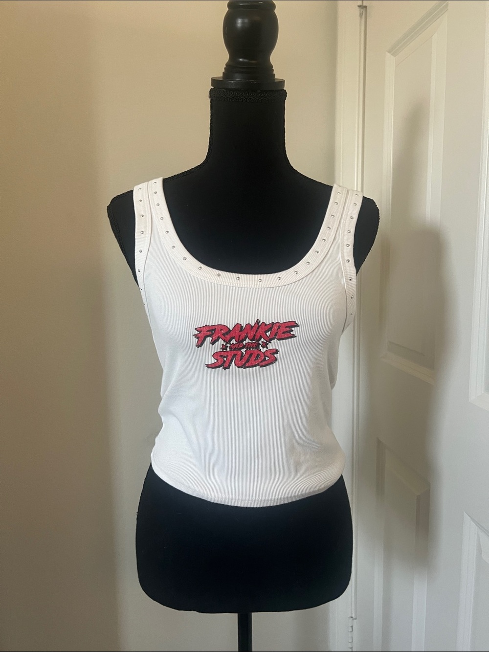 Forever 21 White Ribbed Tank with Pink Graphic and Stud Trim
